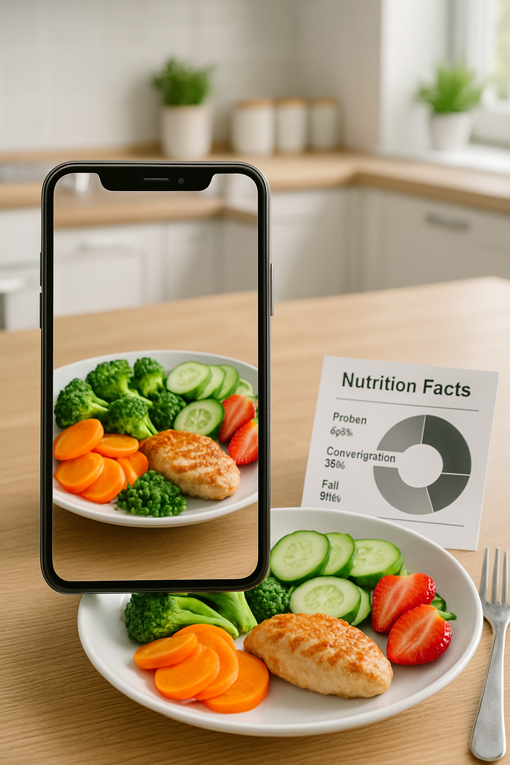 Smartphone screen showing the SnapEat AI food tracker app analyzing a healthy meal of salmon and asparagus.