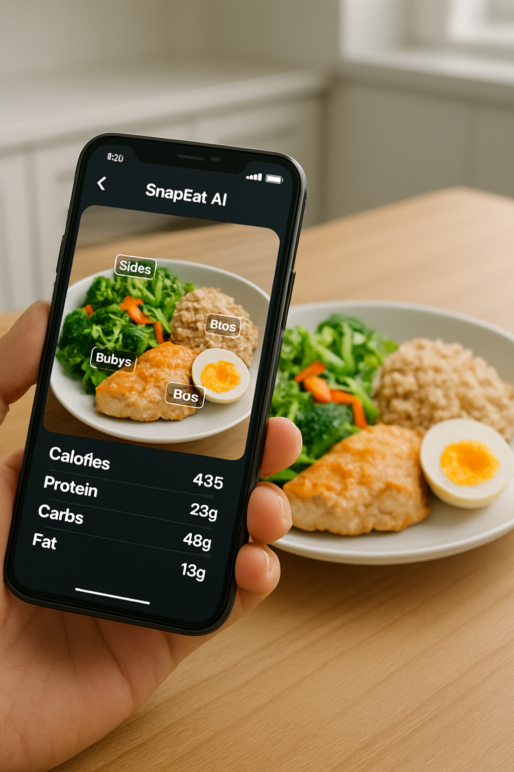 Smartphone displaying the SnapEat AI nutrition tracker app with a meal photo and detailed macro breakdown.