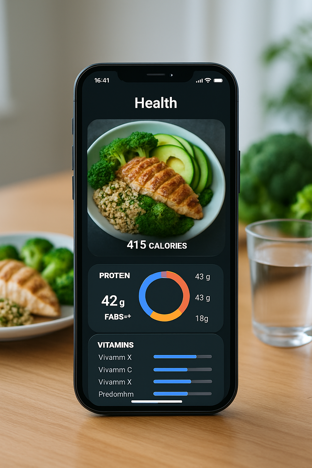 A smartphone displaying the SnapEat AI nutrition tracker app with a photo of a healthy meal.