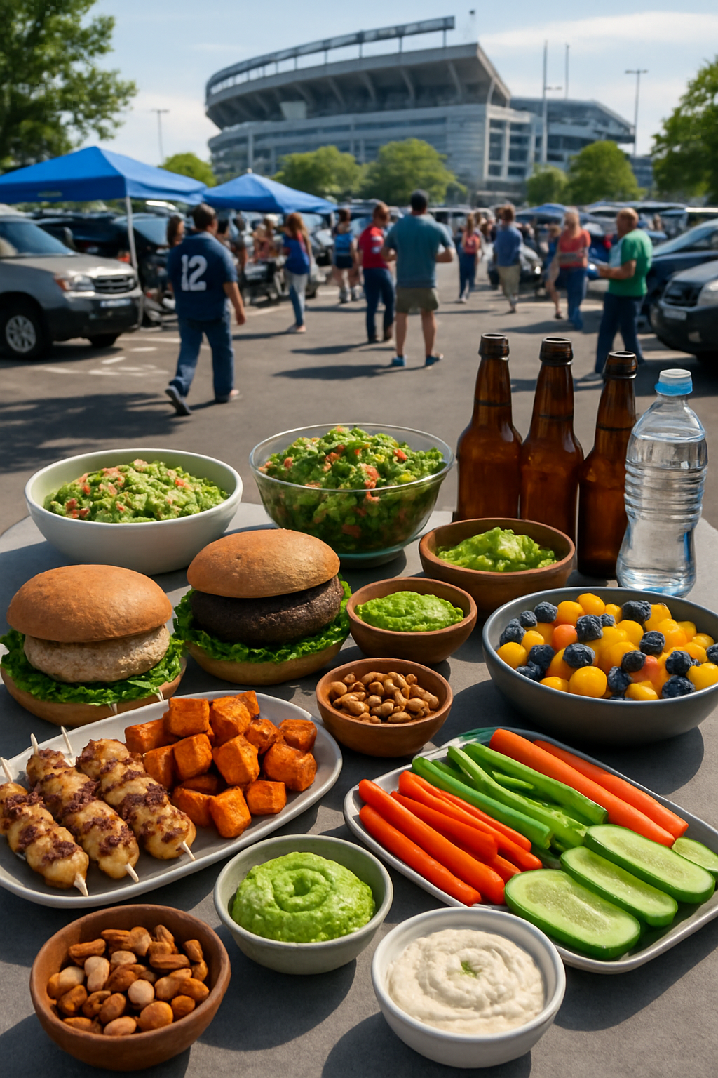 A healthy tailgate food spread for the Michigan vs Iowa football game, featuring grilled chicken, vegetable skewers, and salad.