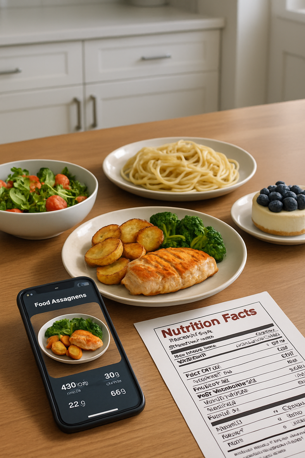 Smartphone displaying the SnapTrack Balance app scanning a plate of salmon and vegetables.