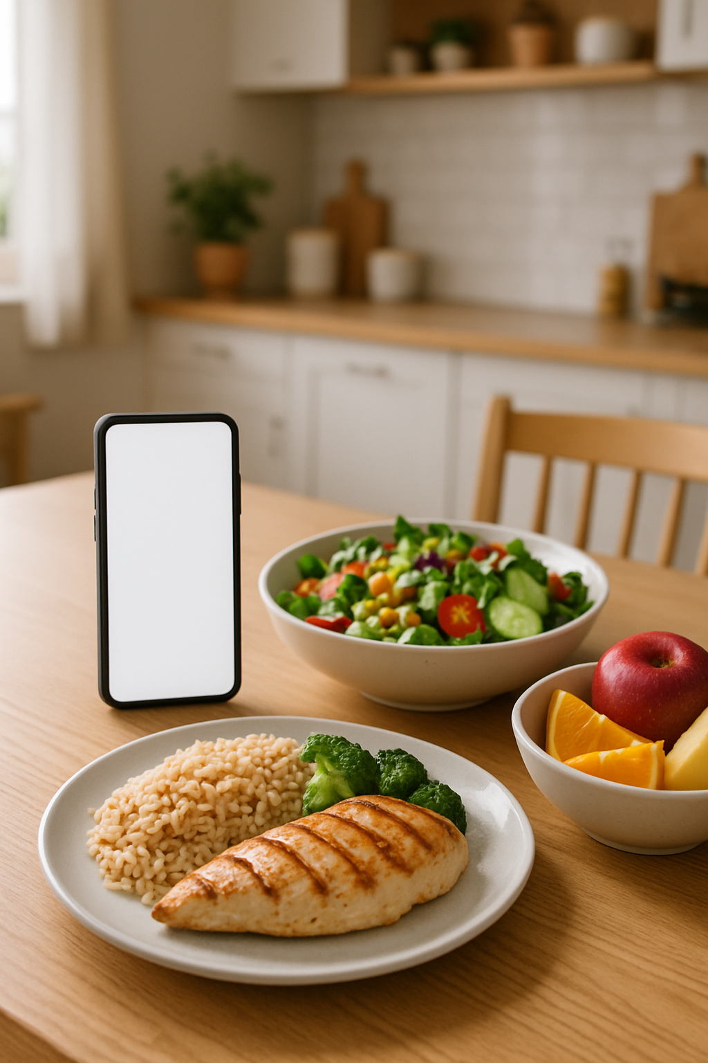 A smartphone displaying the SnapEat AI app interface, which has automatically identified a salad from a photo and listed its nutritional information.