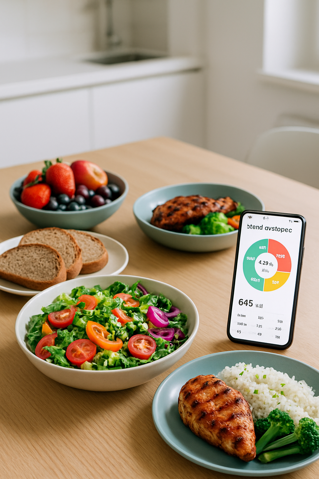 A smartphone displaying the SnapEat AI app analyzing a photo of a healthy meal, demonstrating the food recognition and calorie tracking feature.