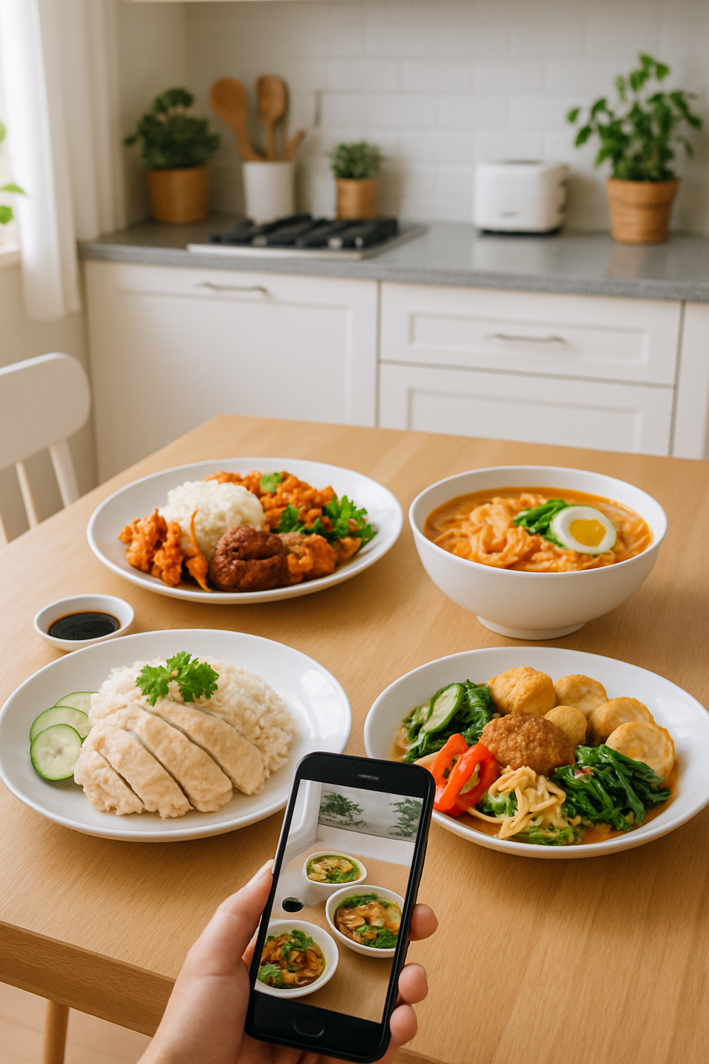 A person using the SnapEat AI smart calorie counter app to track calories in a local Asian dish for their #promomakanharian journey.