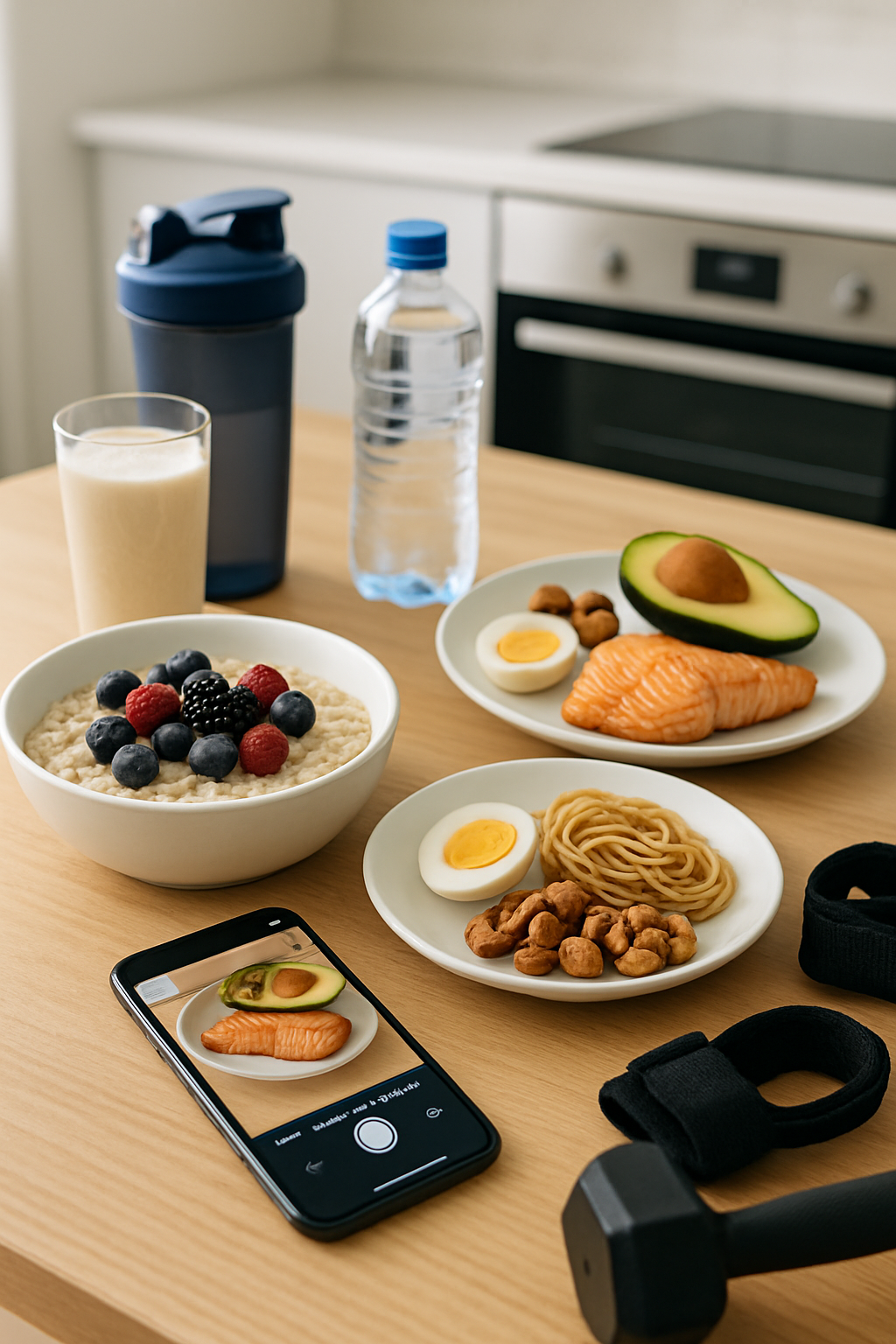 Athlete looking at their phone with the SnapEat AI nutrition tracker app, with an overlay of a healthy meal and macro data.