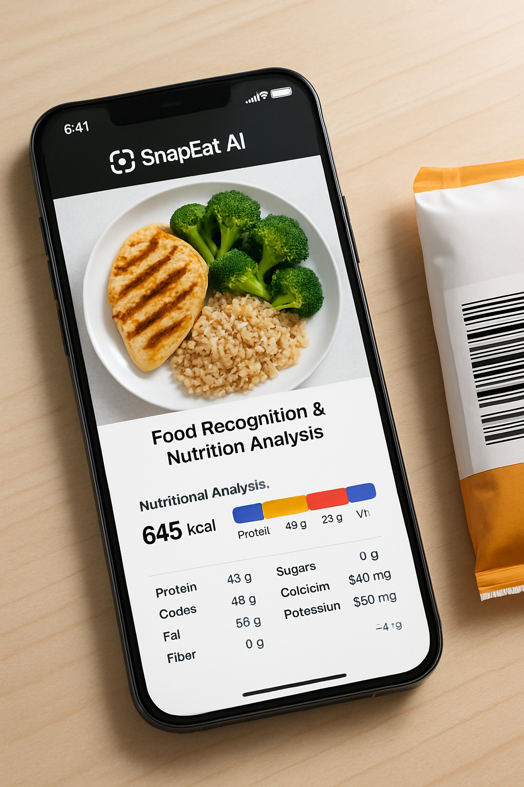 A smartphone displaying the SnapEat AI food tracker app analyzing a healthy meal of salmon and vegetables, symbolizing the start of a wellness journey.