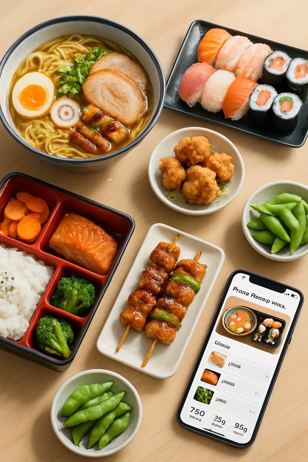A smartphone using the SnapEat AI app to track calories in a bowl of Japanese ramen, demonstrating how to track Japanese meals easily.