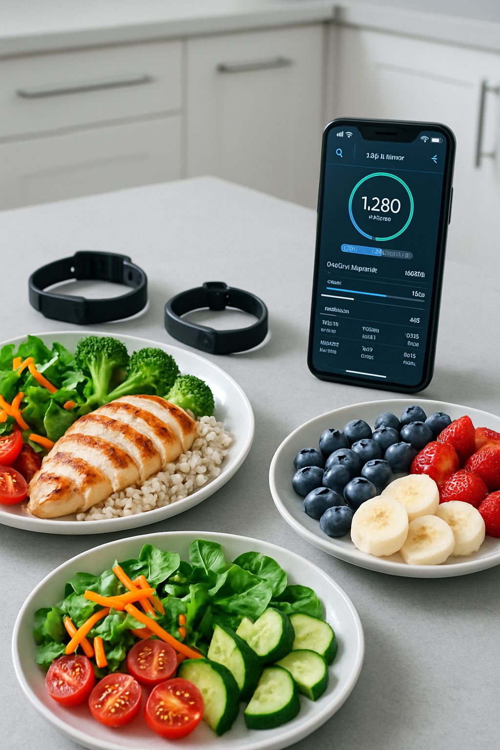 A smartphone displaying the SnapEat AI food coach app interface, showing an AI analysis of a healthy meal with calorie and macro counts.