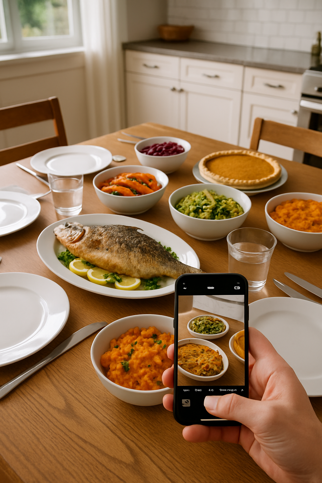 A person uses the SnapEat AI meal tracking app to track a festive Good Friday meal by taking a photo.