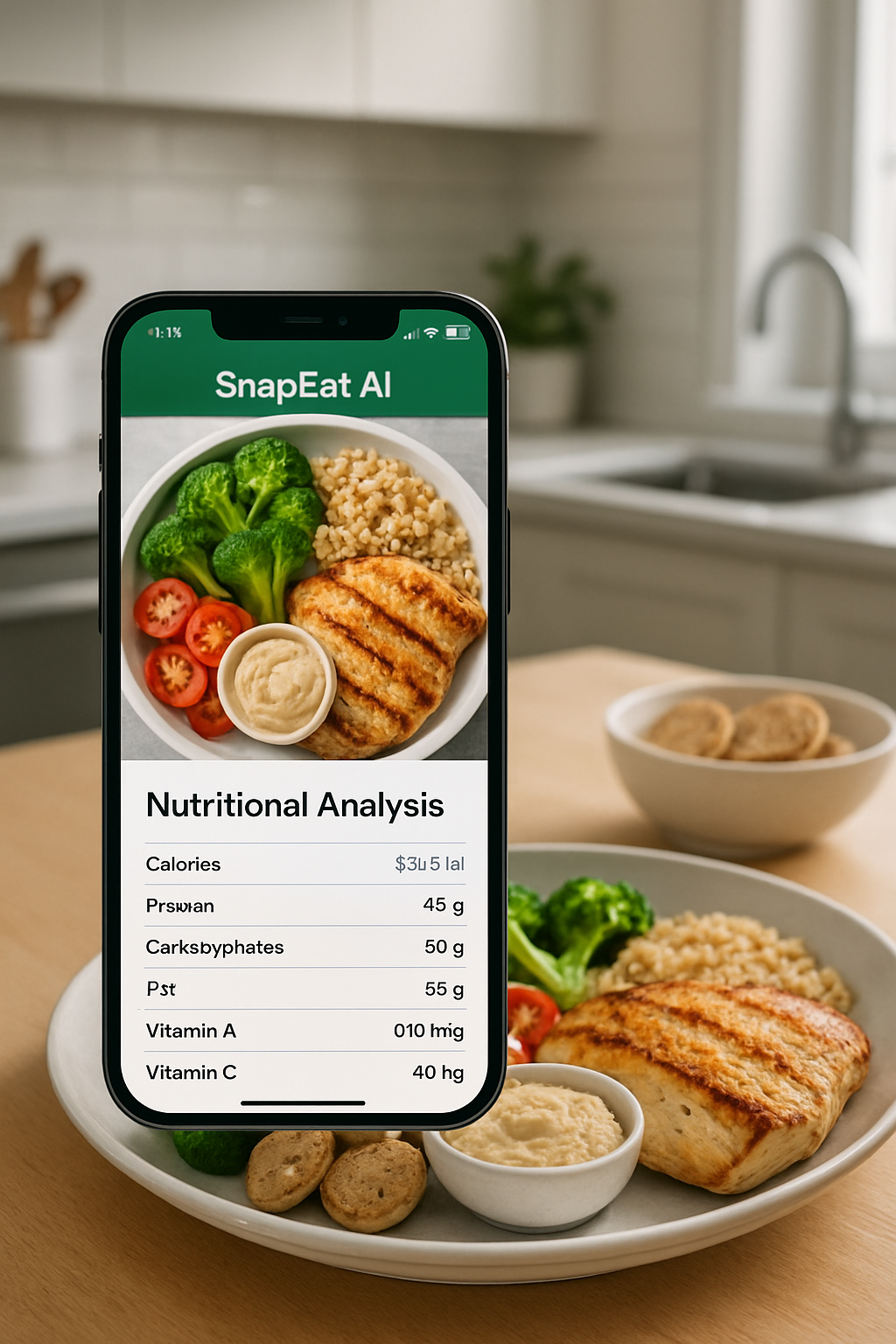 Smartphone displaying the FoodAI app analyzing a healthy salmon, broccoli, and quinoa meal.