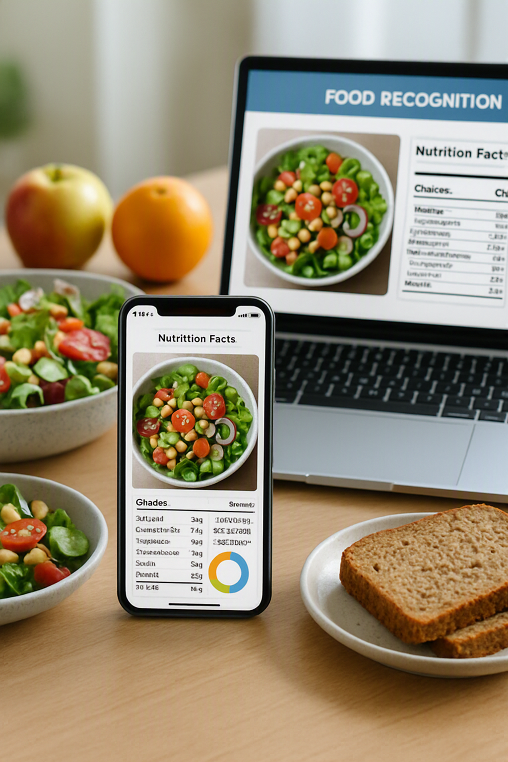 A smartphone using the SnapEat AI food recognition API to scan a bowl of salad and get instant nutrition data.