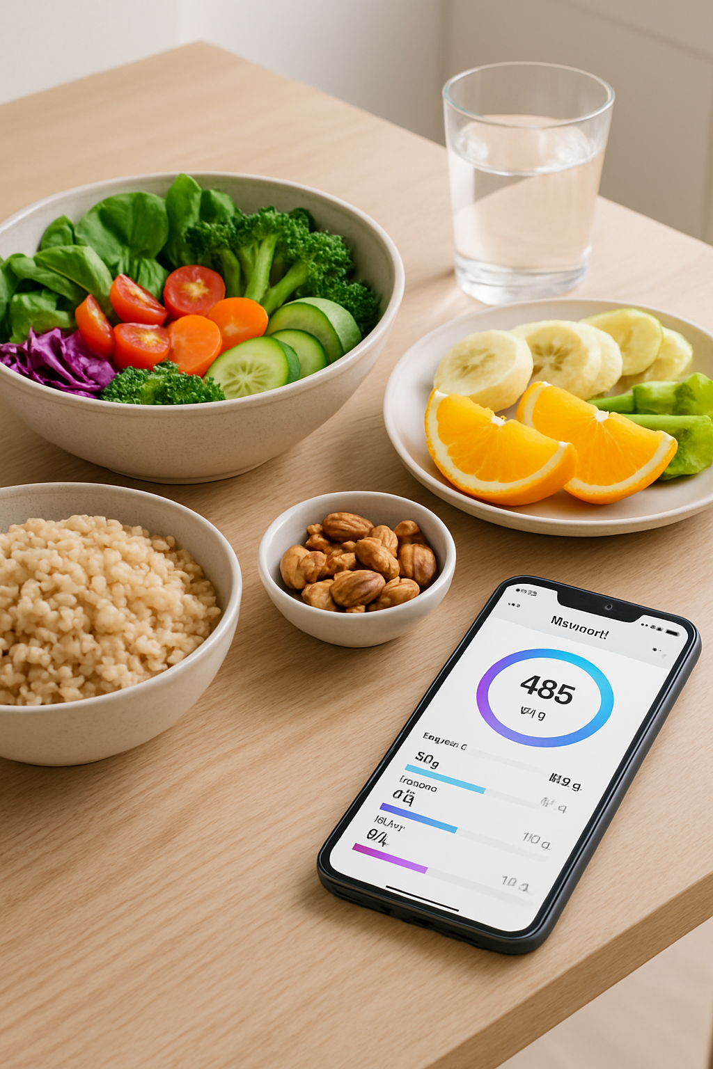 Smartphone screen displaying the SnapEat AI app analyzing a healthy meal of salmon and vegetables.