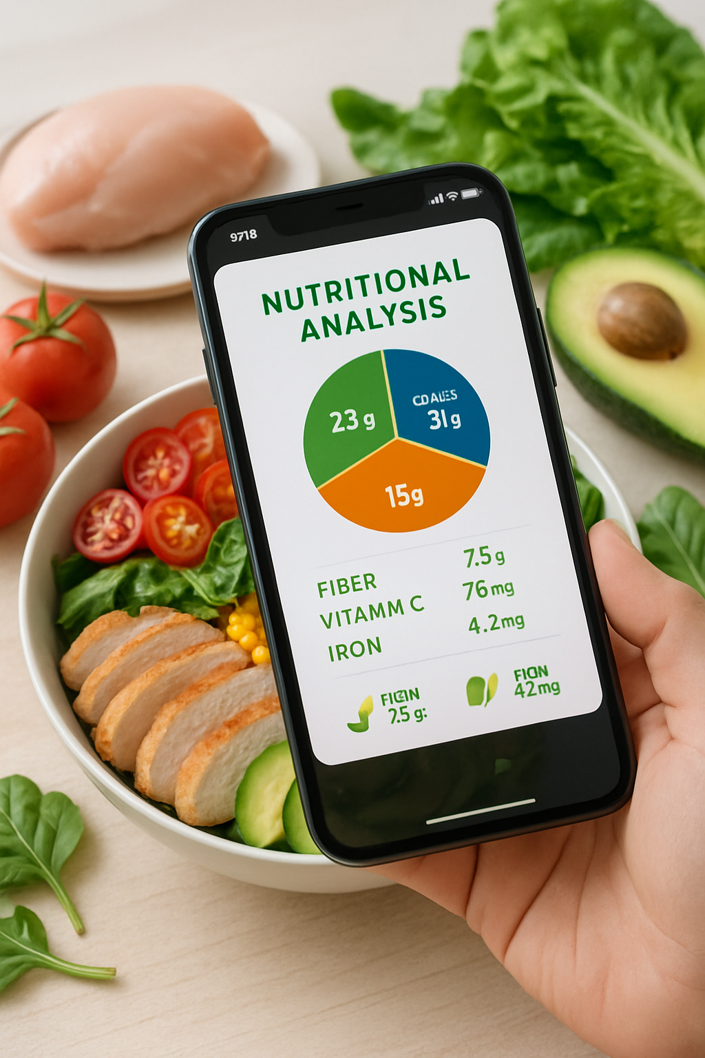 A user holding a smartphone with the SnapEat AI nutrition tracker app open, about to track food by taking a photo of a meal.