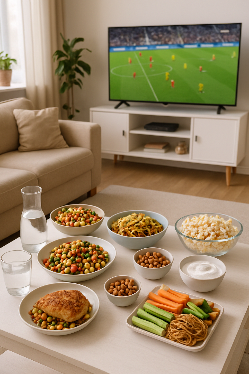 A spread of healthy match day snacks including vegetable sticks, hummus, and nuts arranged on a table with a football.