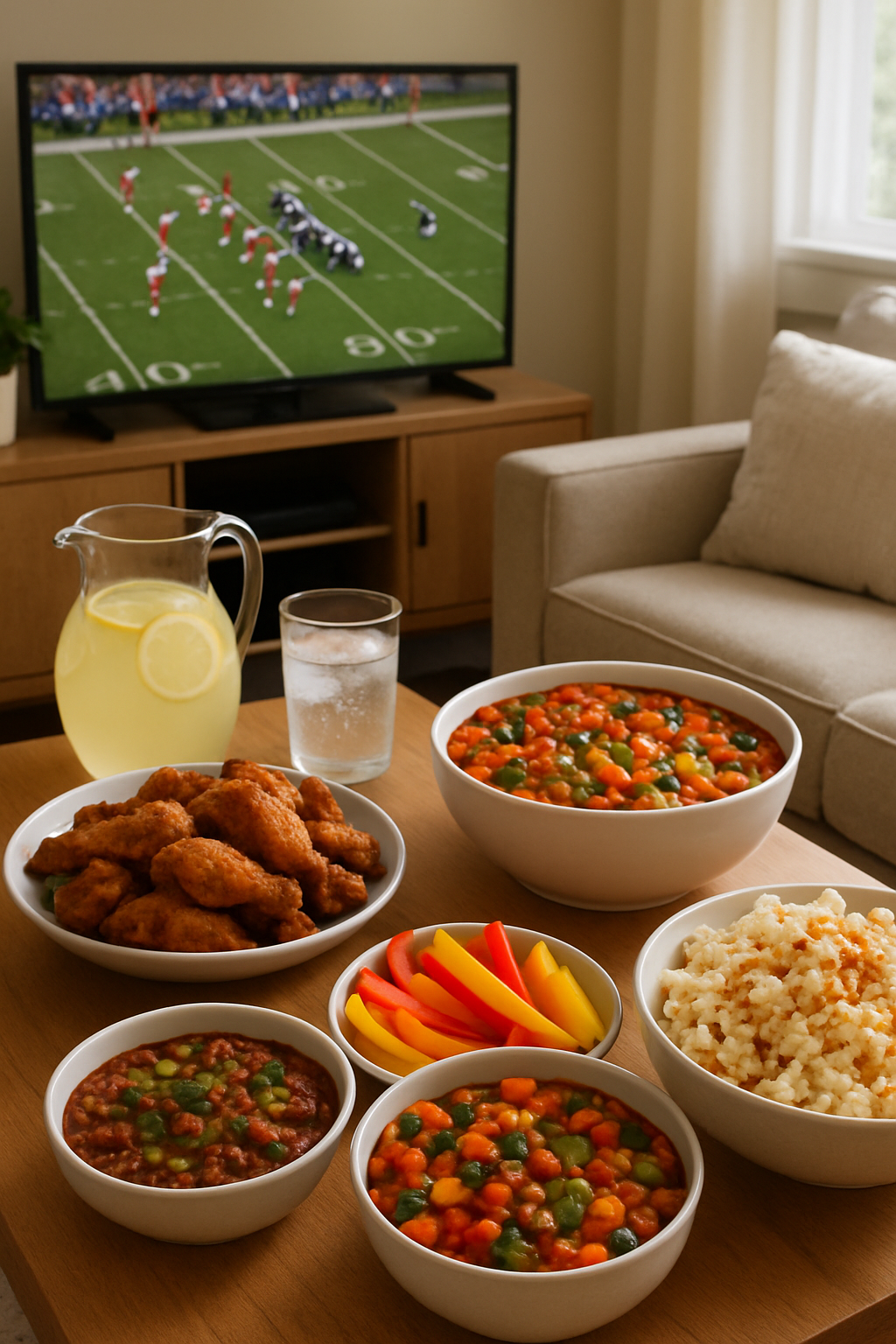 A healthy game day food spread with baked chicken wings, vegetable sticks, and chili, with a phone showing the SnapEat AI app to track nutrition.