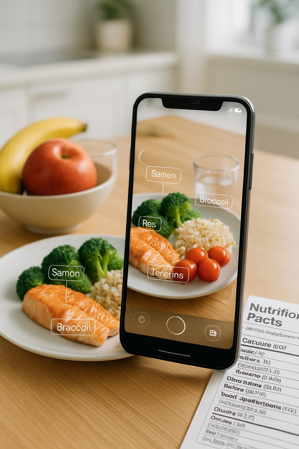 Smartphone showing the SnapEat AI coach app analyzing a photo of a meal for smart calorie tracking and nutrition breakdown.