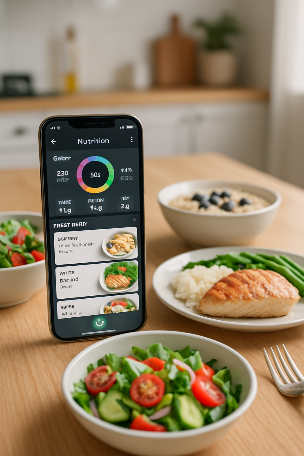 A smartphone displays the SmartPlate AI smart food tracker app, analyzing a photo of a healthy meal to provide personalized nutrition data.