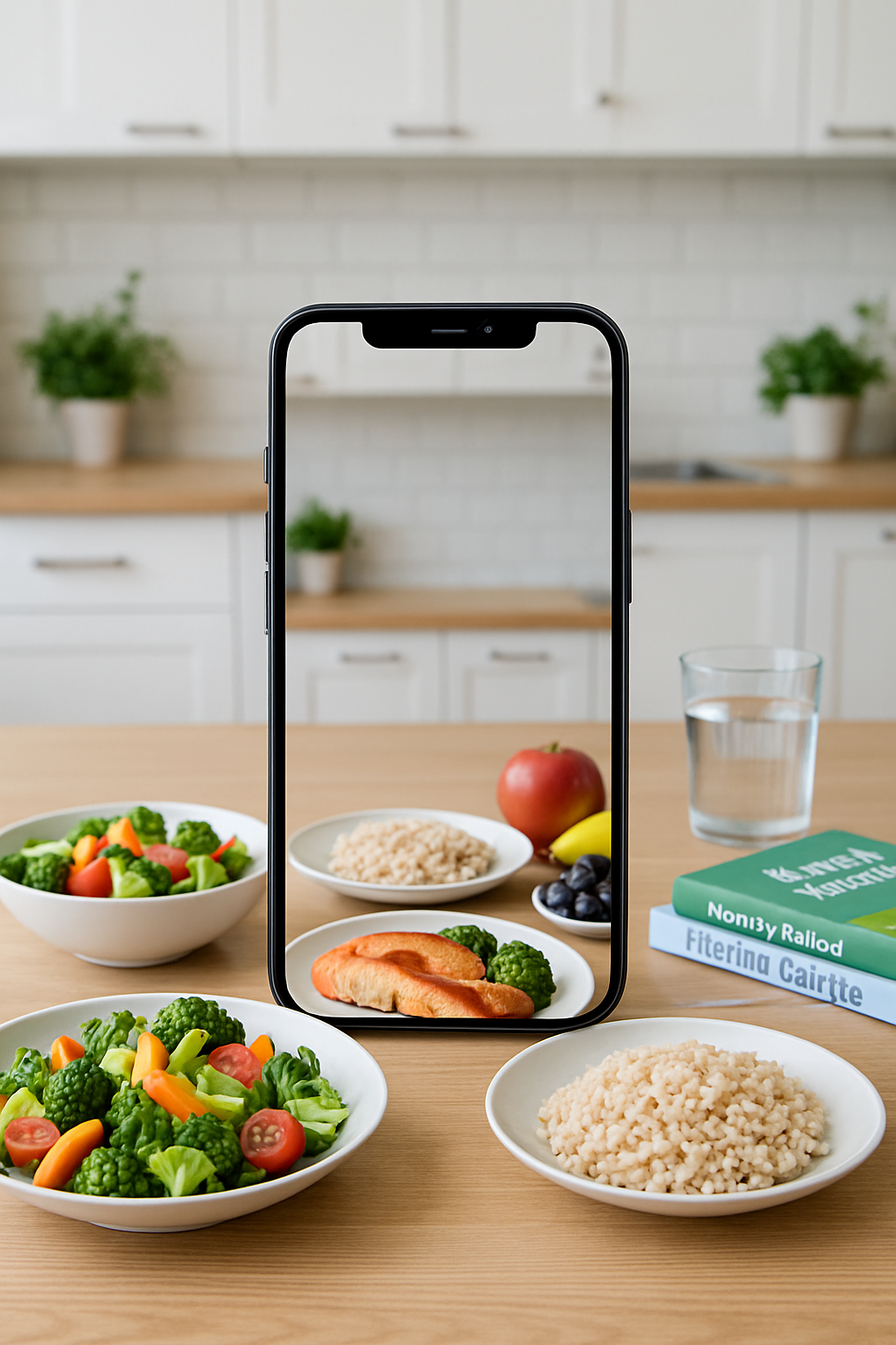 Smartphone showing the SnapEat AI app interface analyzing a photo of a healthy meal with salmon and vegetables.