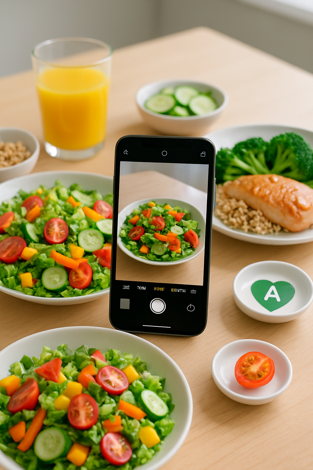 A smartphone displaying the SnapEat AI app interface, which has just analyzed a healthy meal of salmon, asparagus, and lemon from a photo.