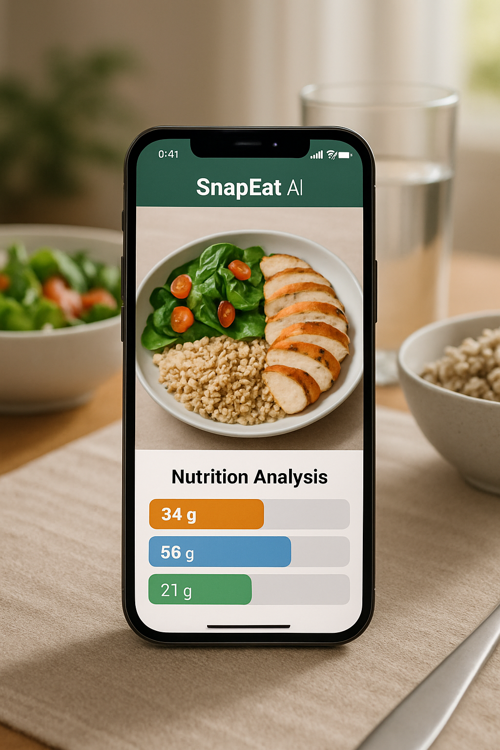 Teenager reviewing a healthy meal on the SnapEat AI nutrition coach app for their prom prep diet plan.