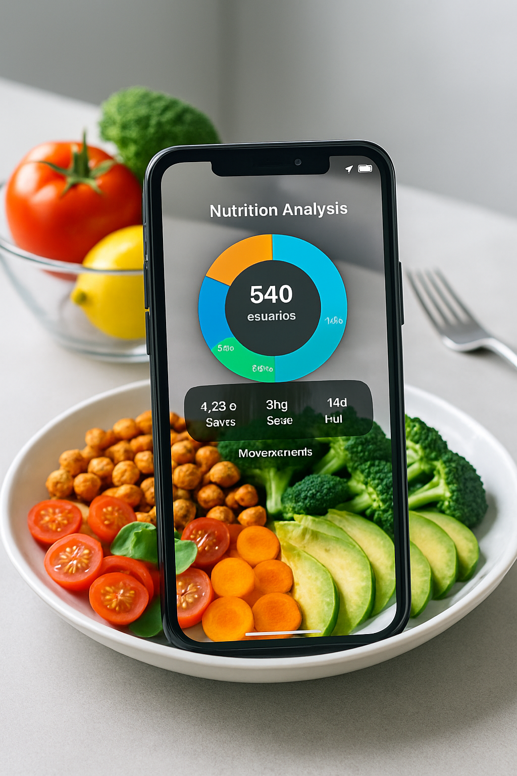 A smartphone displaying the SnapEat AI food tracker app interface with nutritional charts, set against a backdrop of the Northern Lights.