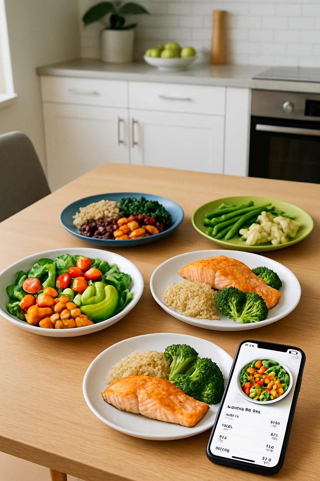 A smartphone showing the CalmCalorie AI app interface, performing an AI nutrition analysis on a photo of a healthy meal.