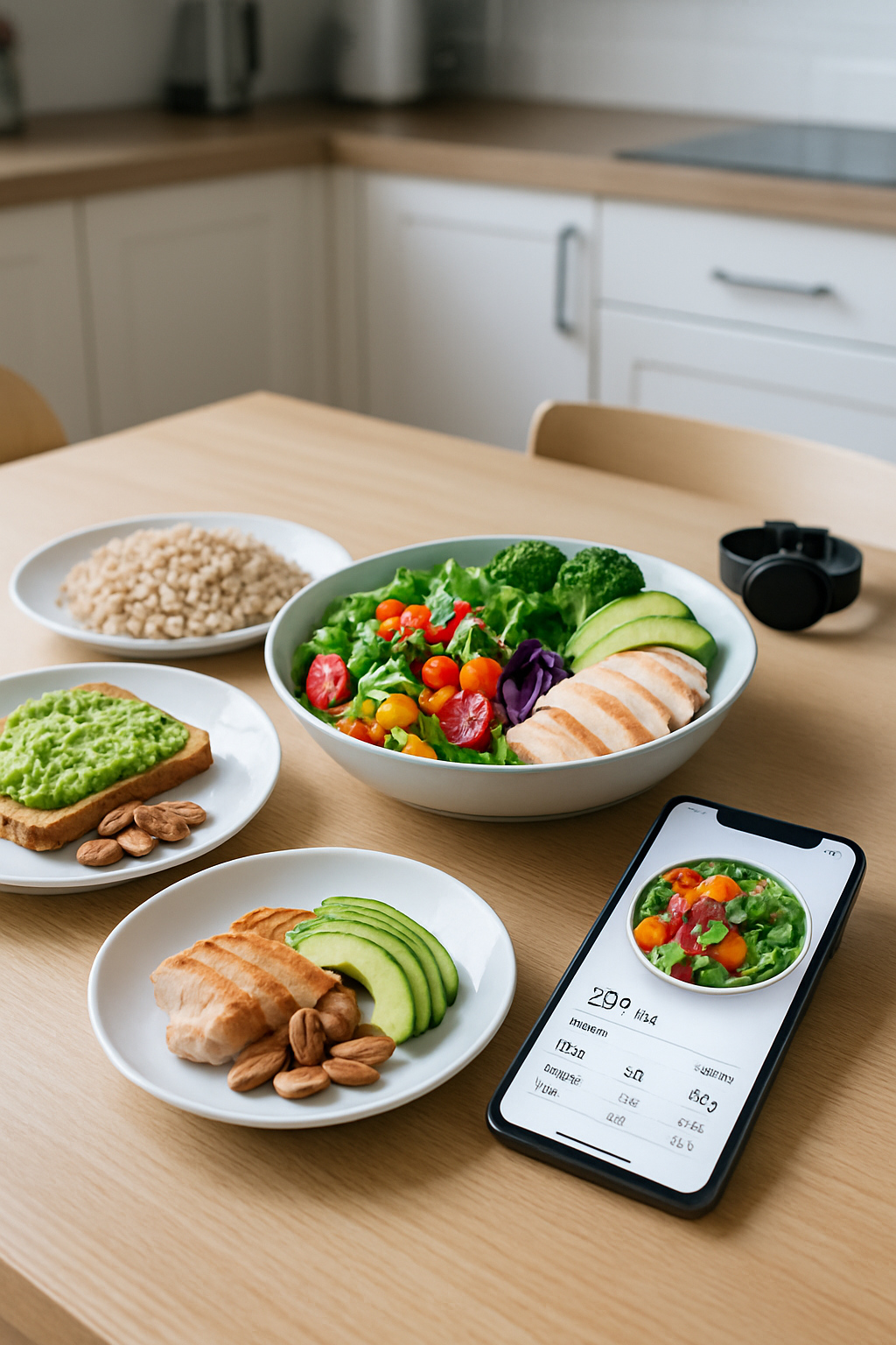 A smartphone displaying the SnapEat AI app interface, showing a nutritional breakdown of a meal next to a photo of the meal itself.