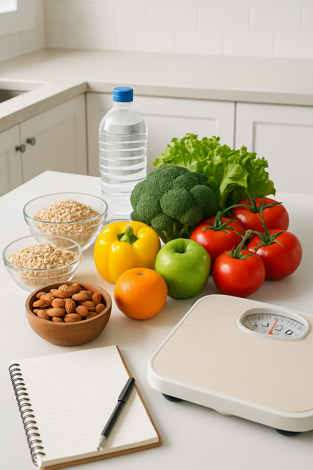 A healthy meal with fruits and vegetables being analyzed by SnapEat AI on a smartphone.