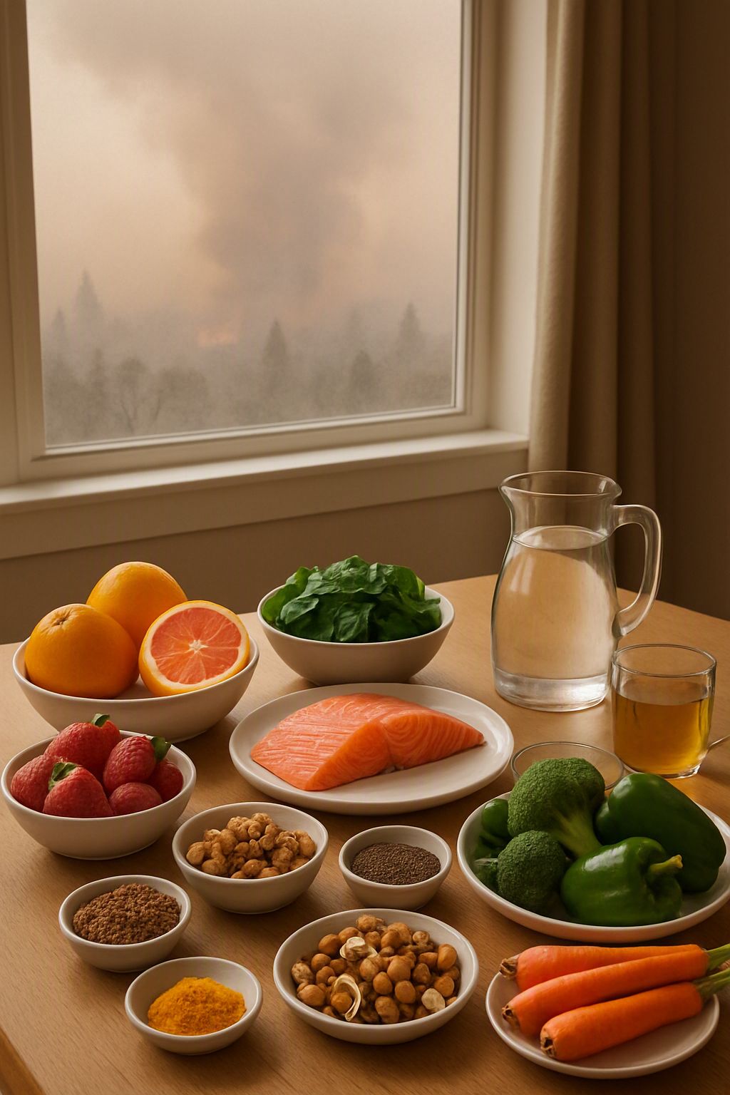 A collection of antioxidant-rich foods like salmon, berries, and nuts that help protect health from wildfire smoke.