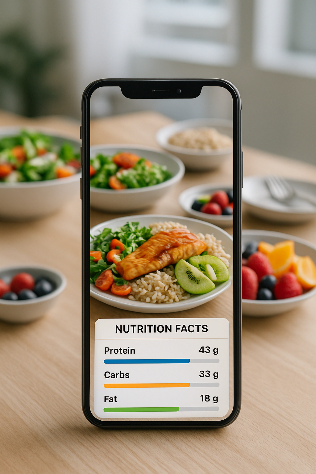 A person using the SnapEat AI app to track the calories of a healthy meal by taking a photo of it.
