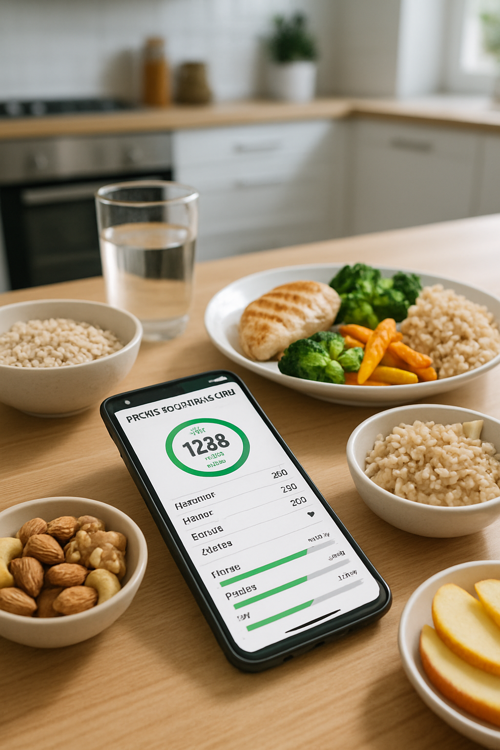 A phone displaying the SnapEat AI nutrition tracker app with a photo of a healthy meal, demonstrating AI food recognition for performance nutrition.