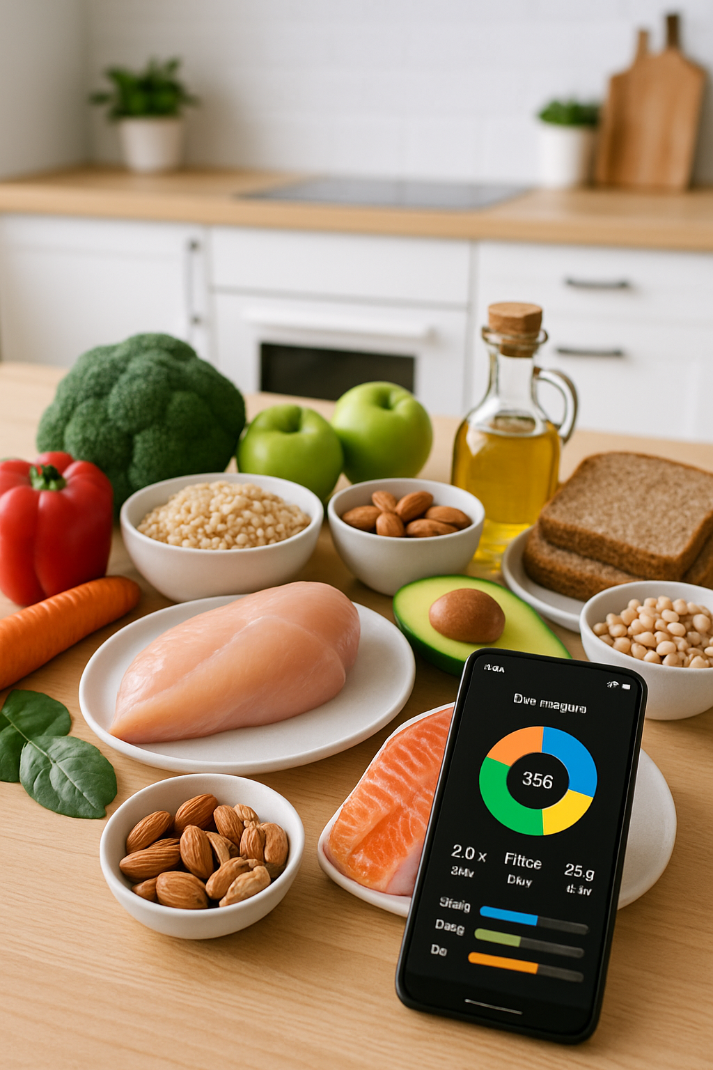 Smartphone displaying the SnapEat AI nutrition tracker app, analyzing a photo of a healthy meal with data overlays.