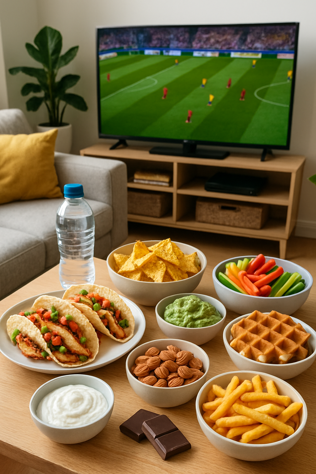 A person using the SnapEat AI nutrition tracking app on their phone to log healthy game day food like tacos and nachos.