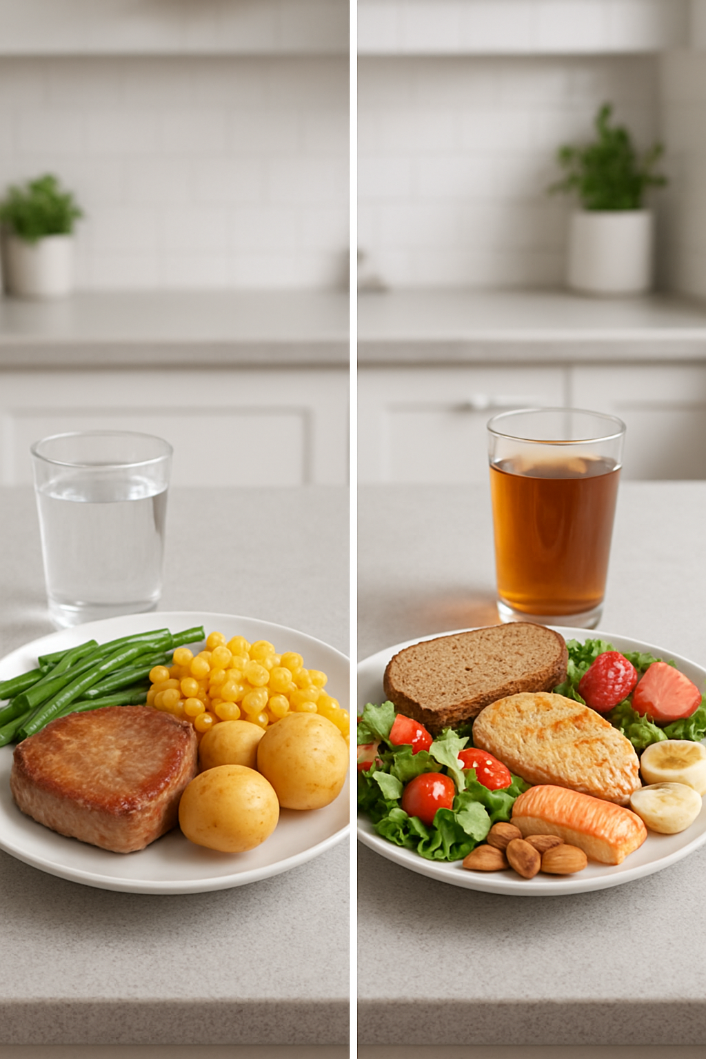 A split image showing a healthy salad representing the Illinois diet versus a plate of meat and corn for the Iowa diet, with the SnapEat AI logo