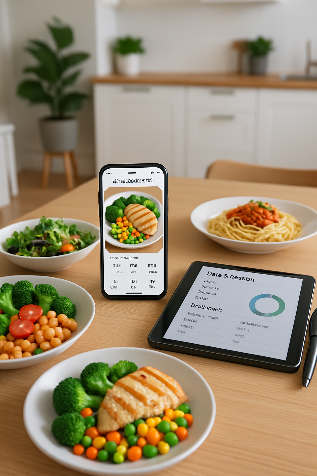 A woman happily uses the SnapEat AI nutrition tracker app on her phone to log a healthy meal by taking a photo