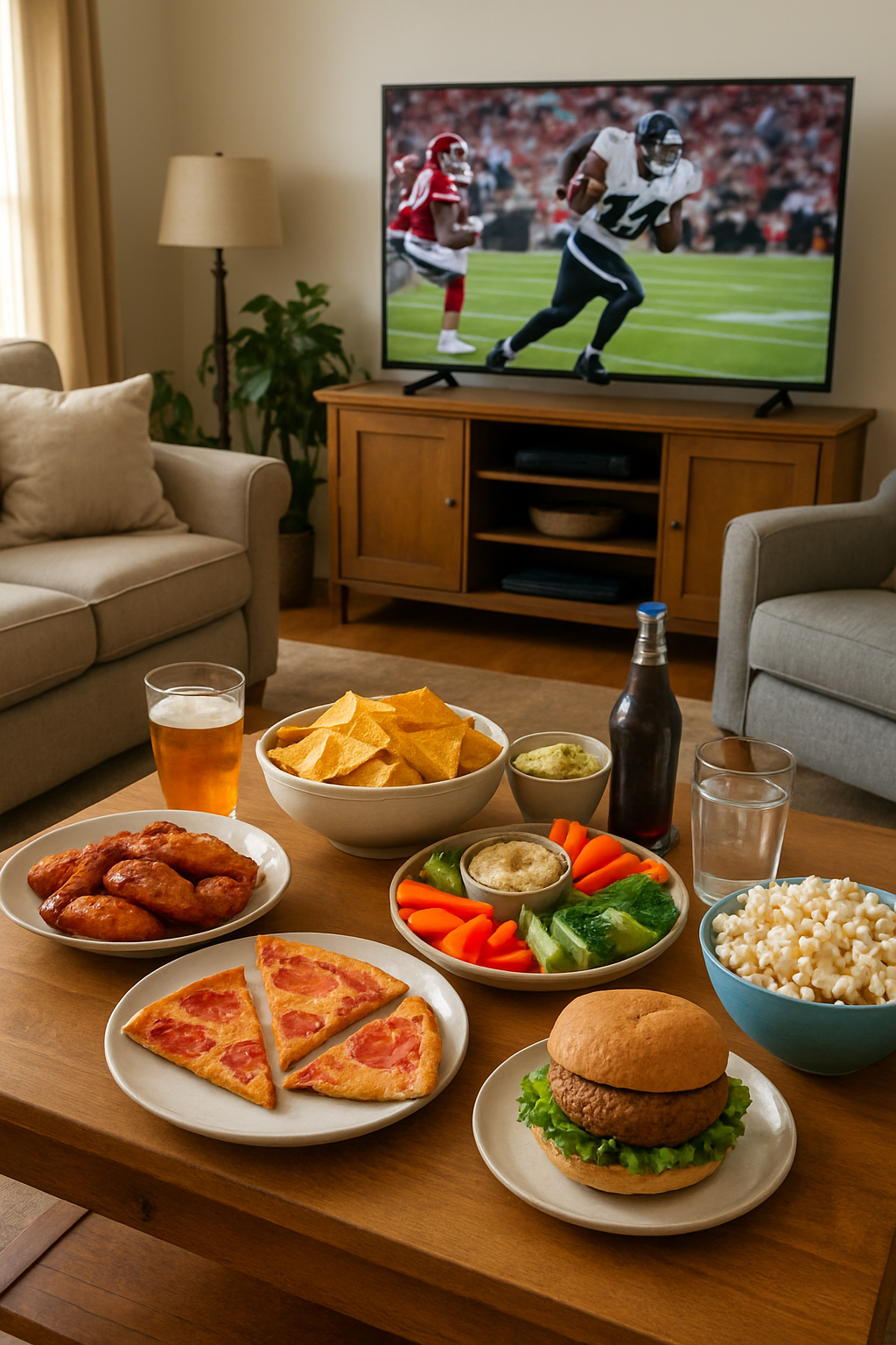 A smartphone using the SnapEat AI food tracker app to scan a plate of healthy game day snacks like veggie skewers and dip.