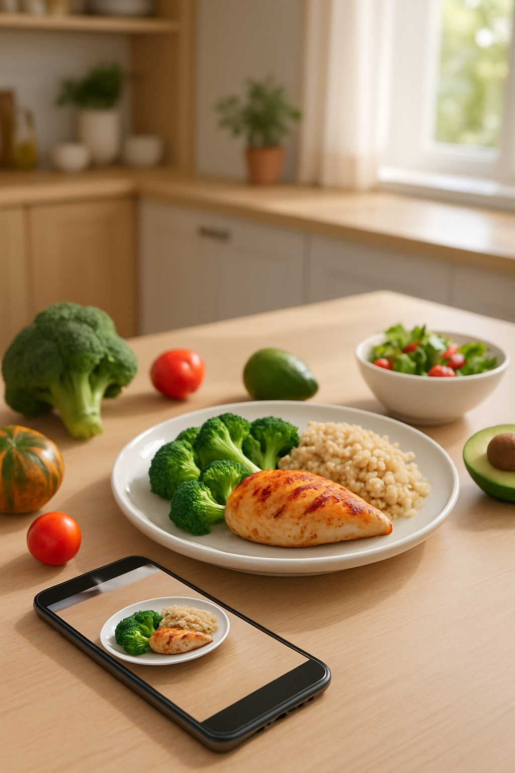 A smartphone using SnapEat AI to do smart nutrition tracking by taking a photo of a healthy meal.