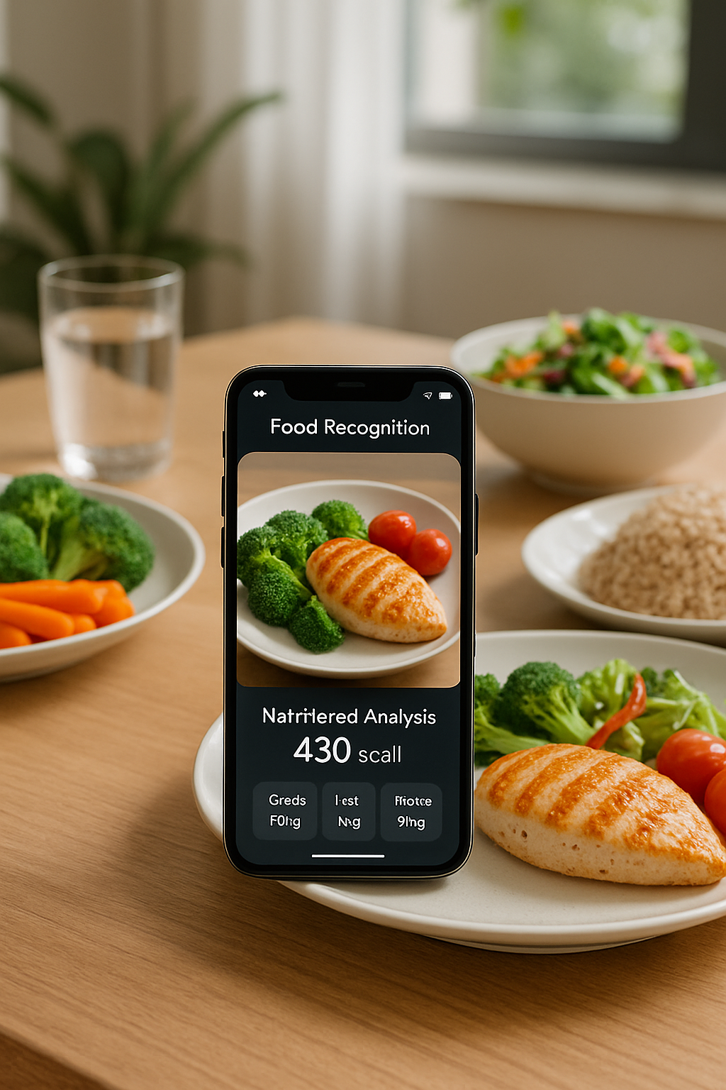 A smartphone displaying the SnapEat AI app analyzing a photo of a healthy meal, with AI food coach feedback bubbles.