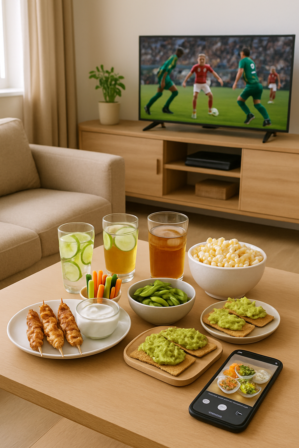 A platter of healthy game day snacks including chicken skewers and vegetable sticks next to a phone showing the SnapEat AI nutrition tracking app.