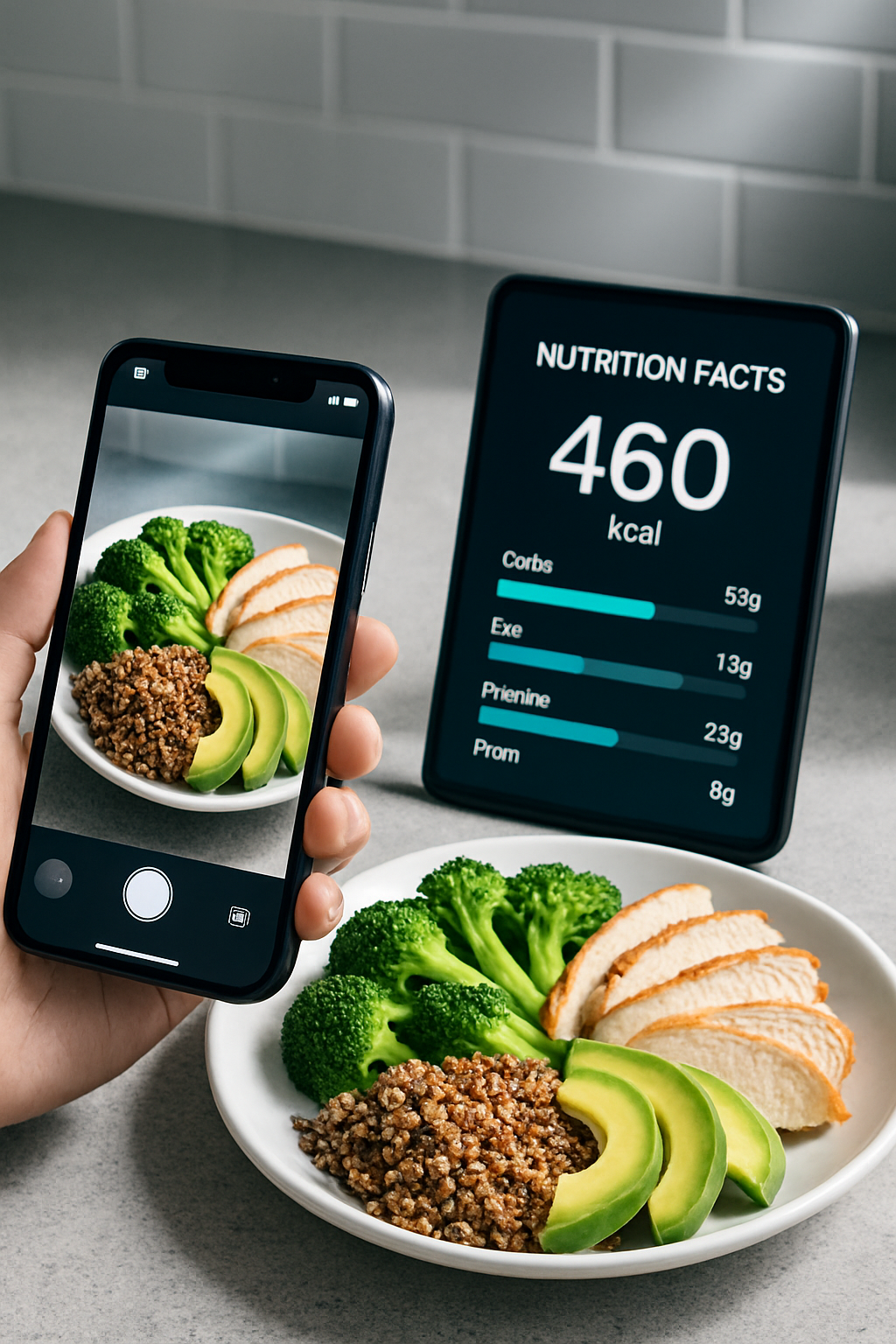 Smartphone screen showing the SnapEat AI app interface, which has analyzed a photo of a salmon and vegetable meal and displayed its nutritional information.