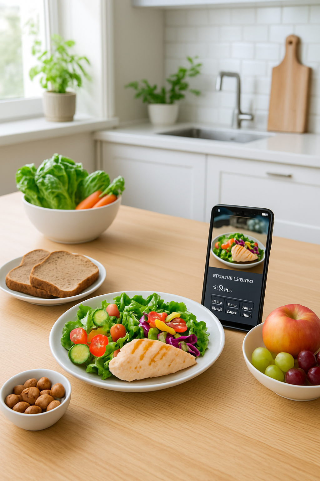 Smartphone showing the SnapEat AI food recognition feature analyzing a healthy meal for New Year's goals.