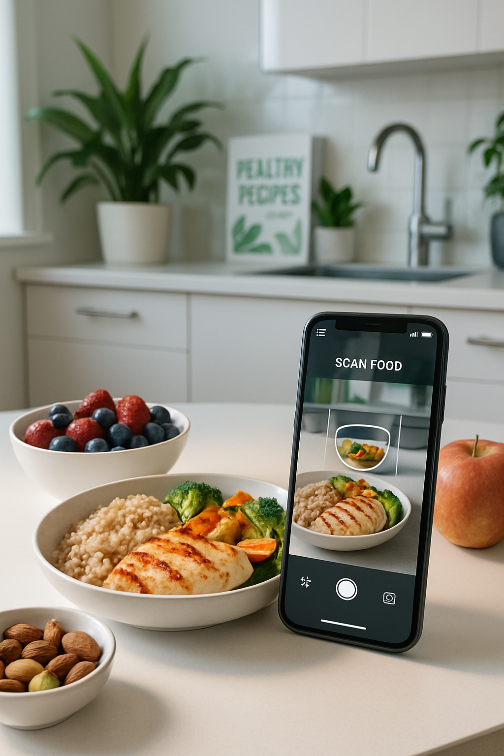 A smartphone running the SnapEat AI app, showing a nutritional breakdown of a healthy meal with quinoa and vegetables.