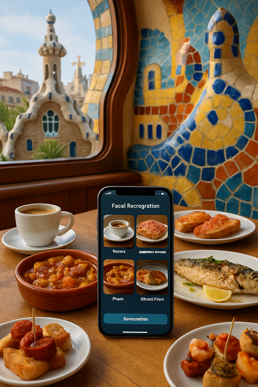 A smartphone displaying the SnapEat AI app interface, scanning a plate of traditional Barcelona tapas to track nutrition.