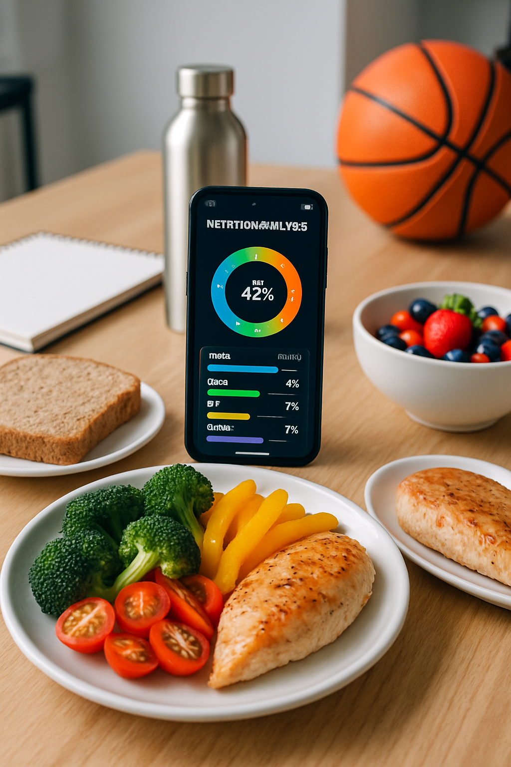 A smartphone displaying the SnapEat AI nutrition tracker app with a photo of a meal and its nutritional breakdown, illustrating how to track nutrition with a photo.
