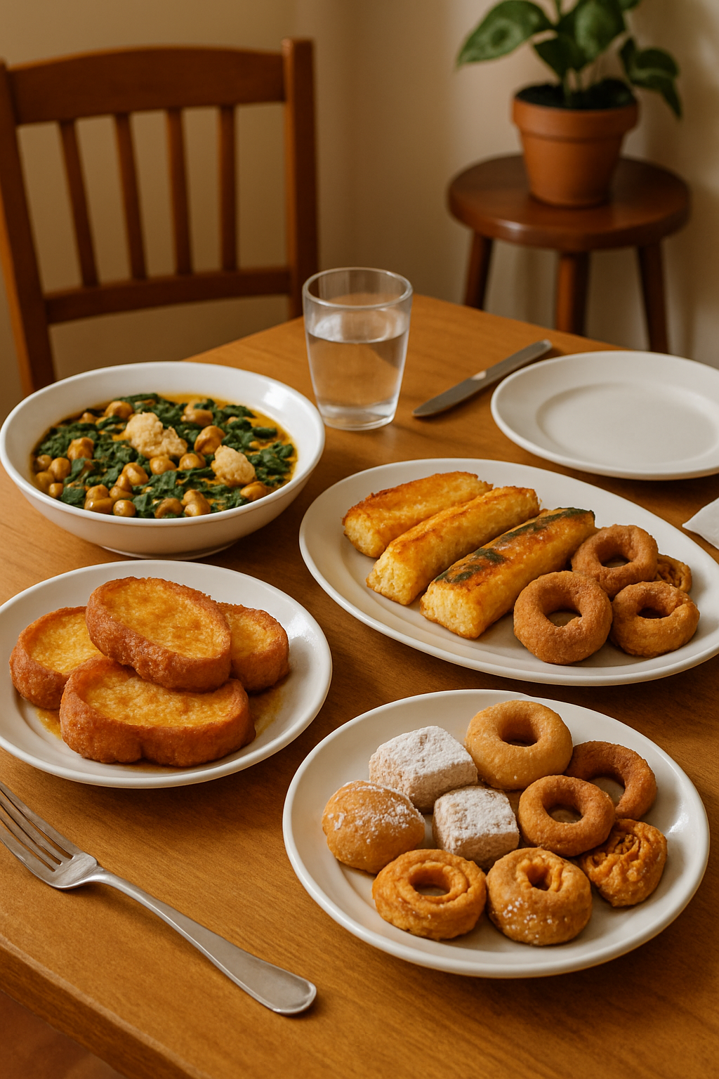A festive table with traditional Semana Santa food like torrijas and a person using SnapEat AI food tracker app on their phone.