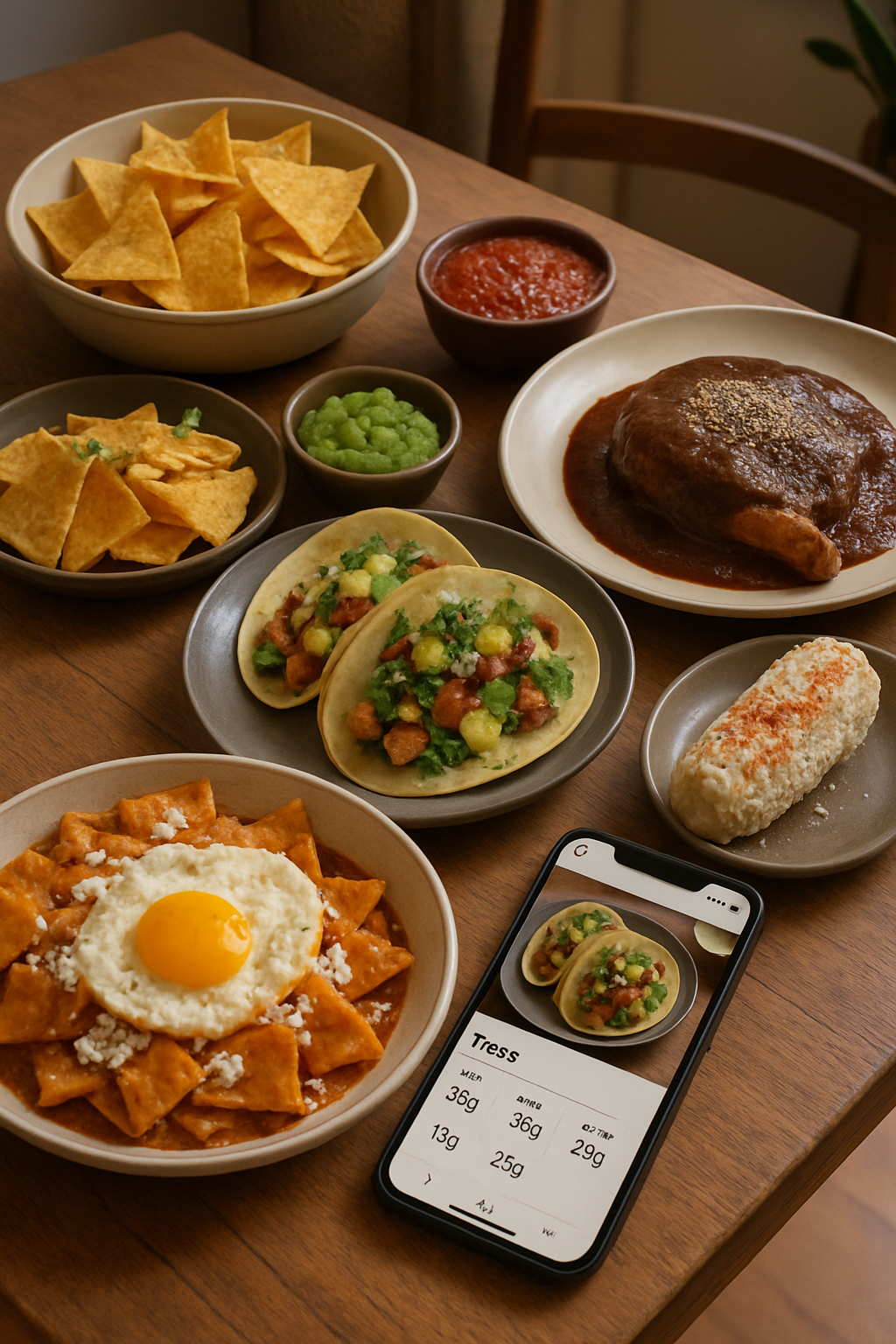 A plate of various Mexican foods including tacos and guacamole with a smartphone displaying the SnapEat AI nutrition tracker app.