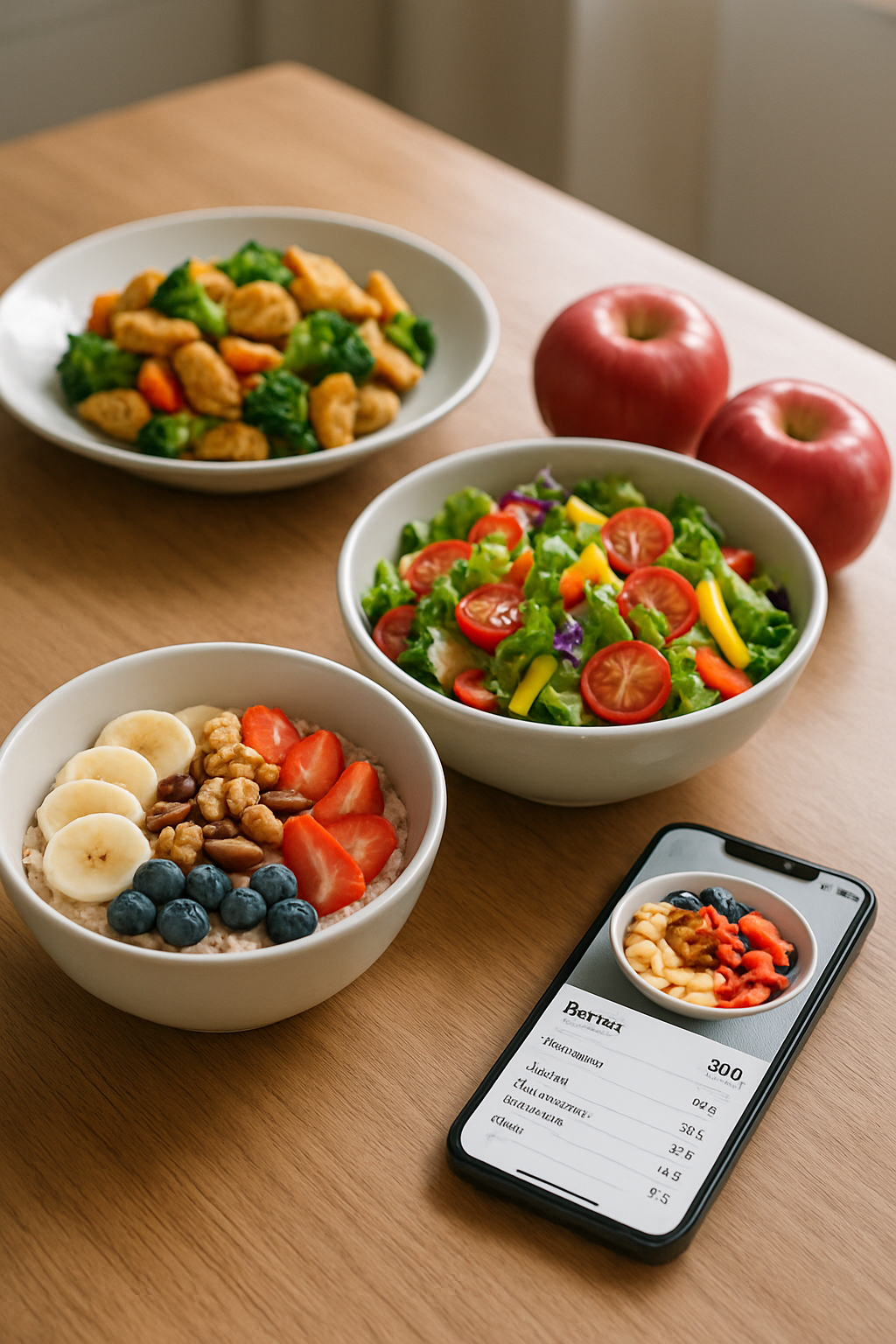 Illustration of smart eating principles for weight loss, showing a plate of healthy food next to the SnapEat AI app, inspired by Rob Reiner.
