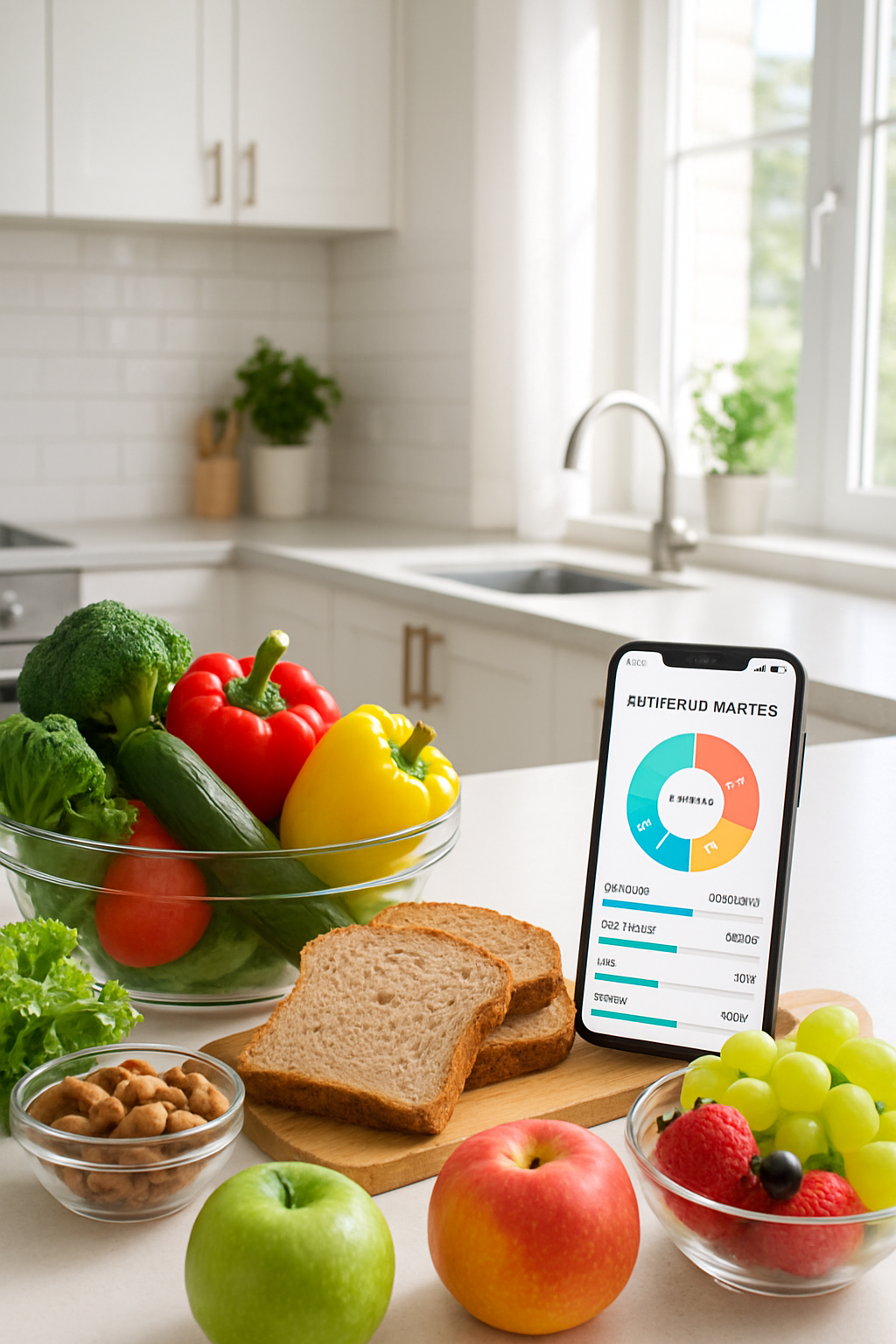 A smartphone showing the SnapEat AI nutrition tracker app interface, with a healthy meal of salmon and vegetables in the background.