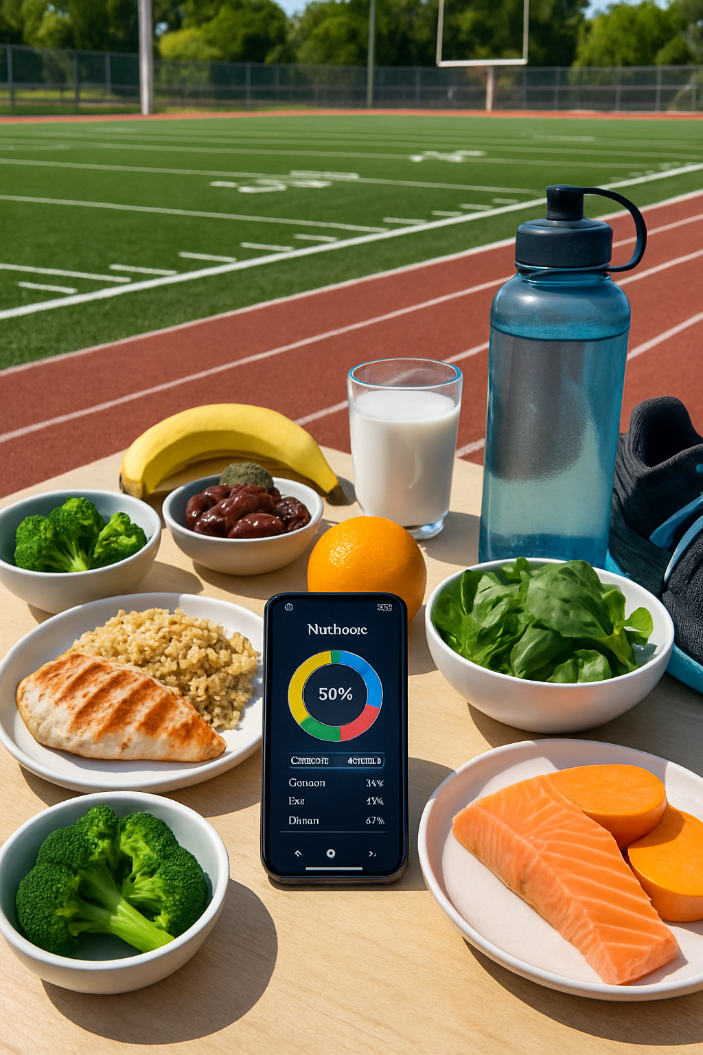 A balanced athlete meal of grilled chicken and quinoa, with the SnapEat AI nutrition coach app interface overlayed showing macros.