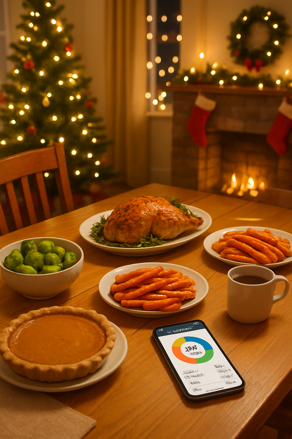 Smartphone showing the SnapEat AI app analyzing a festive holiday meal with turkey and vegetables.